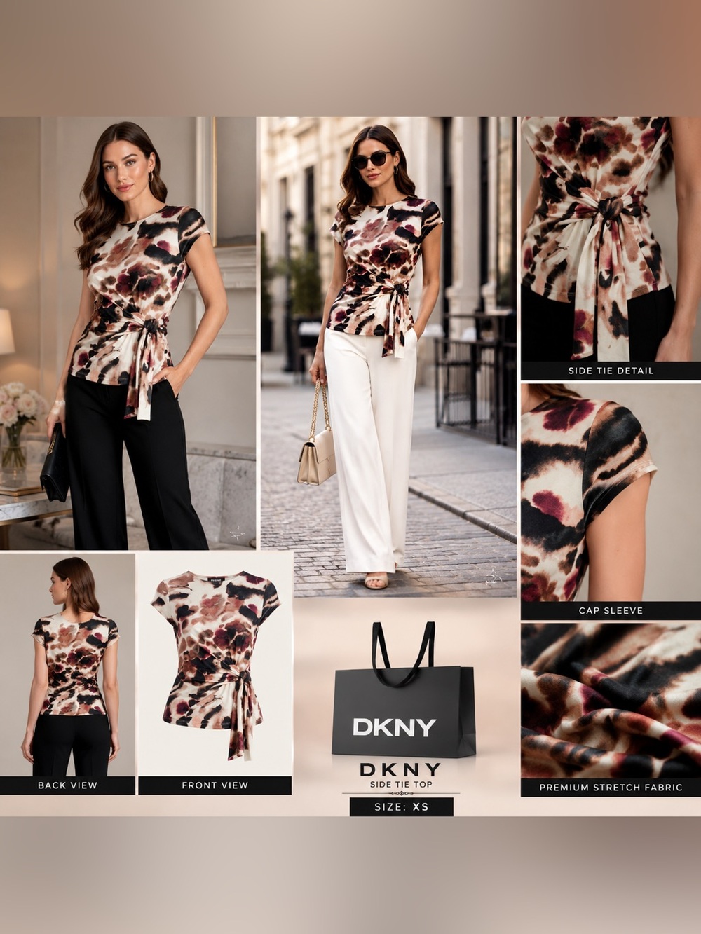 DKNY Women's Multi-Color Floral Side-Tie Top - Cream, Brown, Black, Burgundy